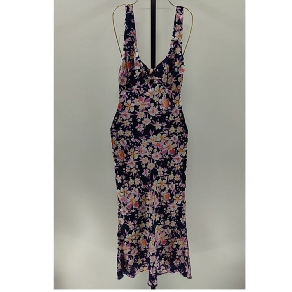 NWT Lulu's Admirable Charmer Navy Blue Floral Satin Tie-Back Midi Dress - Picture 3 of 3